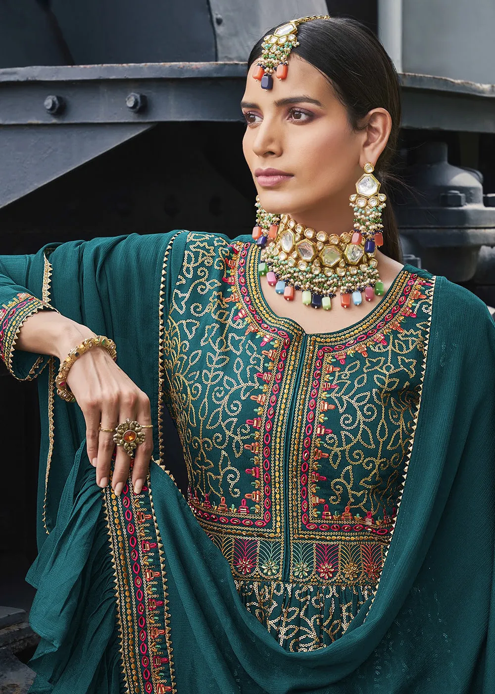 Party Style Stylish Teal Blue Chinon Palazzo Style Suit