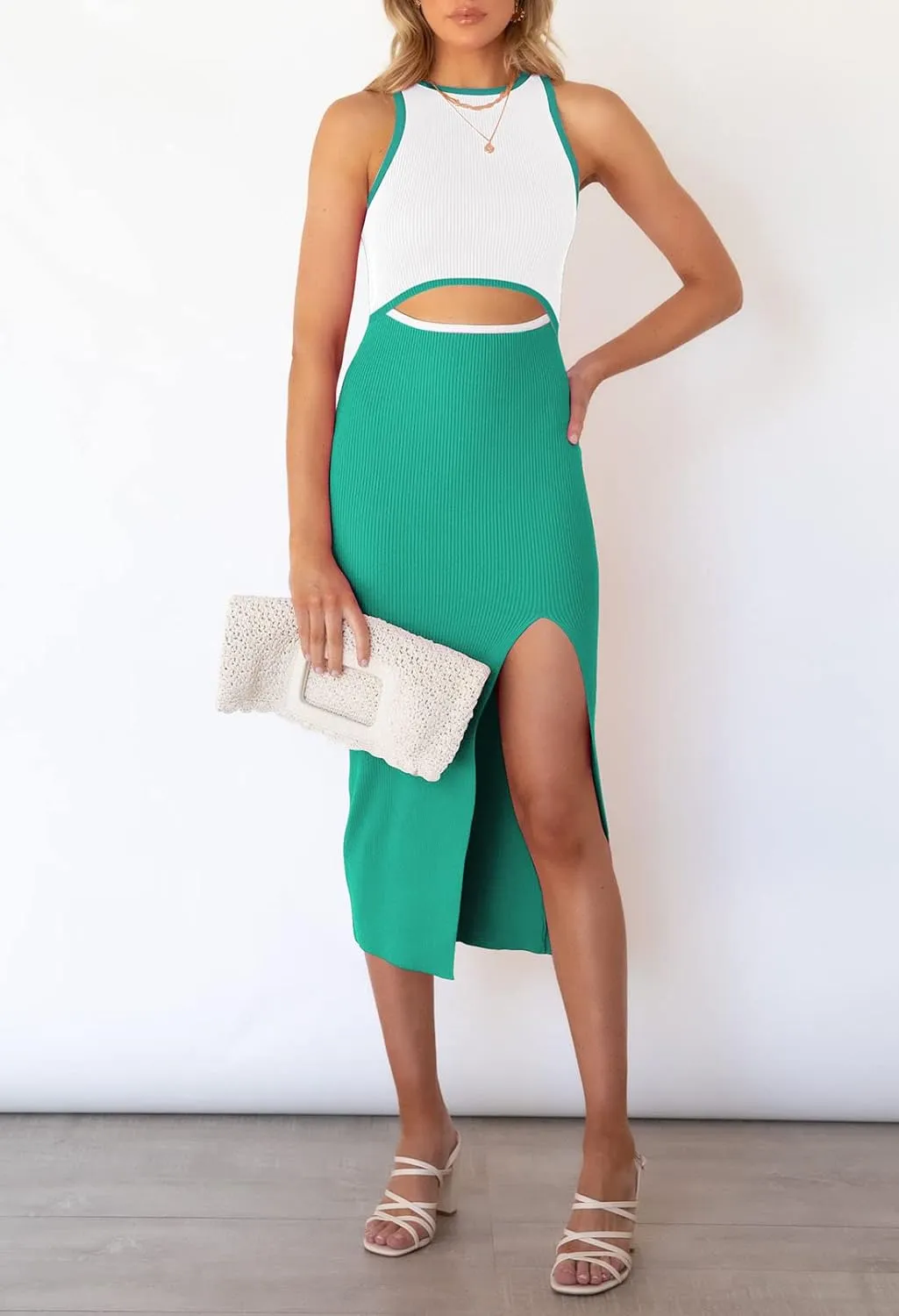Pink Queen Women's Cutout Crew Neck Sleeveless Tank Slit Ribbed Bodycon Midi Dresses