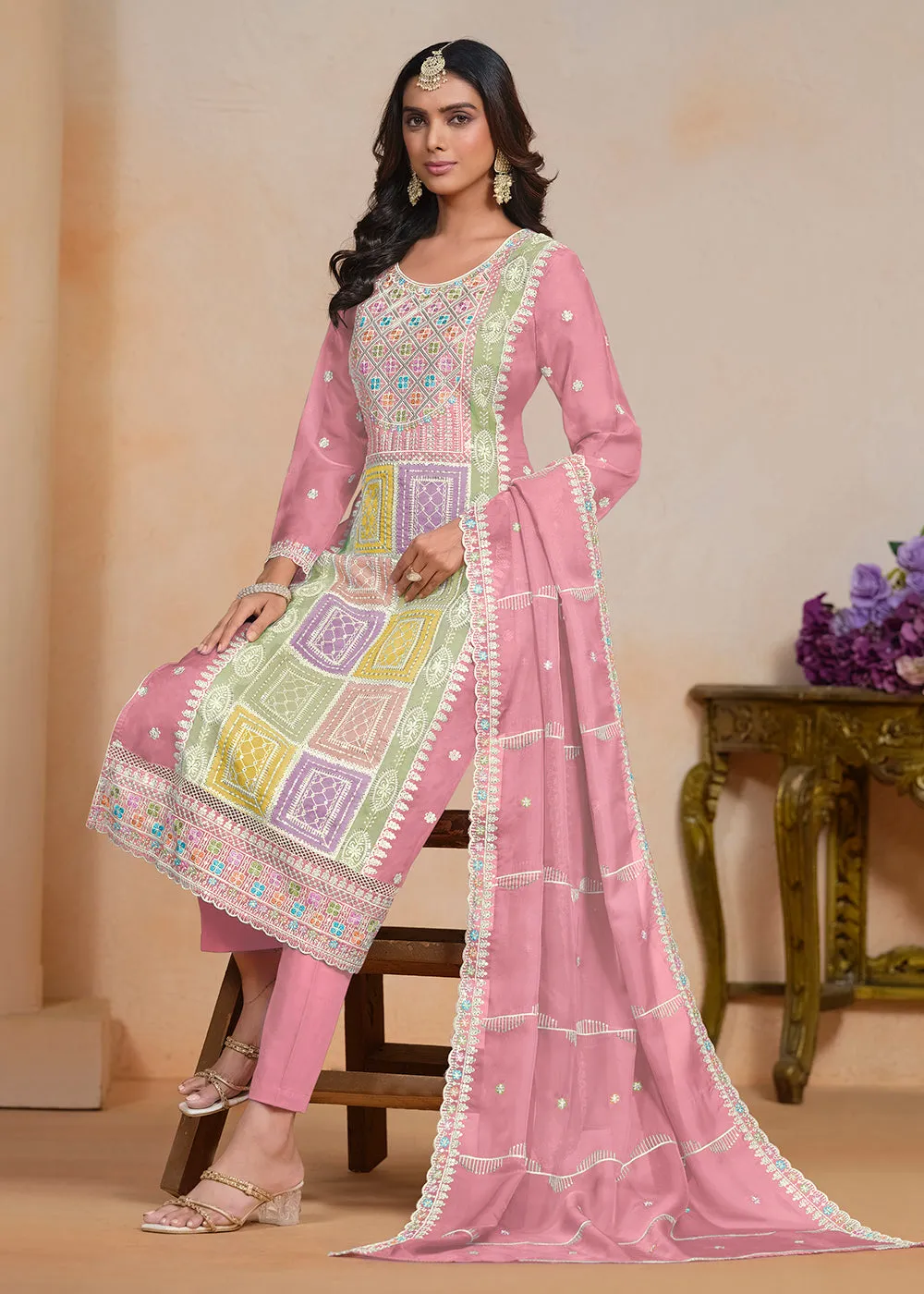 Pink Soft Organza Embroidered Festive Pant Style Suit