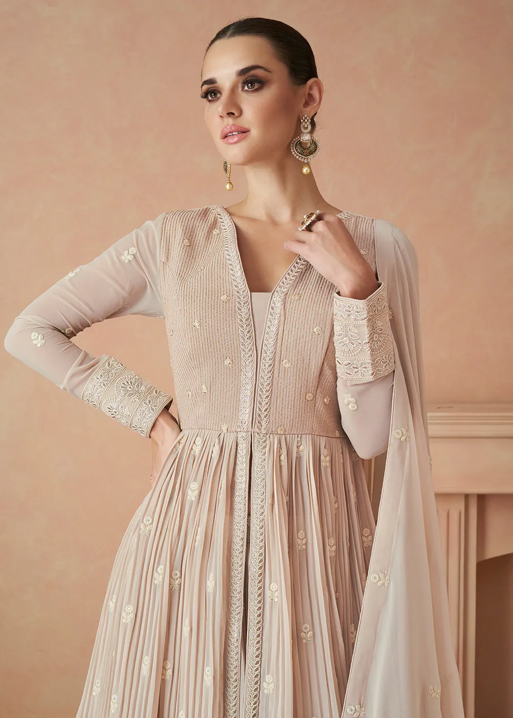 Pretty Beige Sequins Embroidered Georgette Designer Gown
