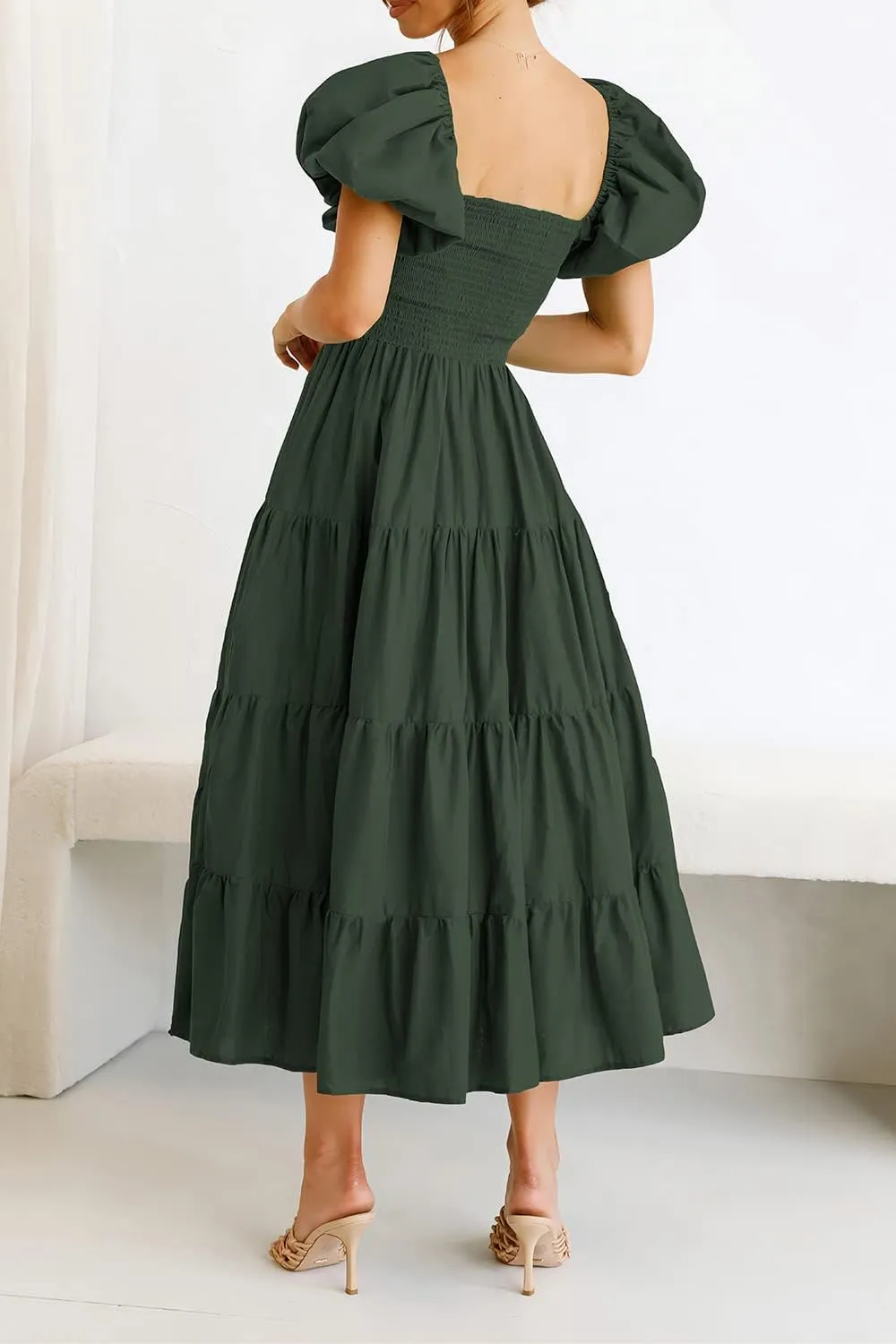 PRETTYGARDEN Women's 2025 Summer Casual Midi Dress Puffy Short Sleeve Square Neck Smocked Tiered Ruffle Dresses