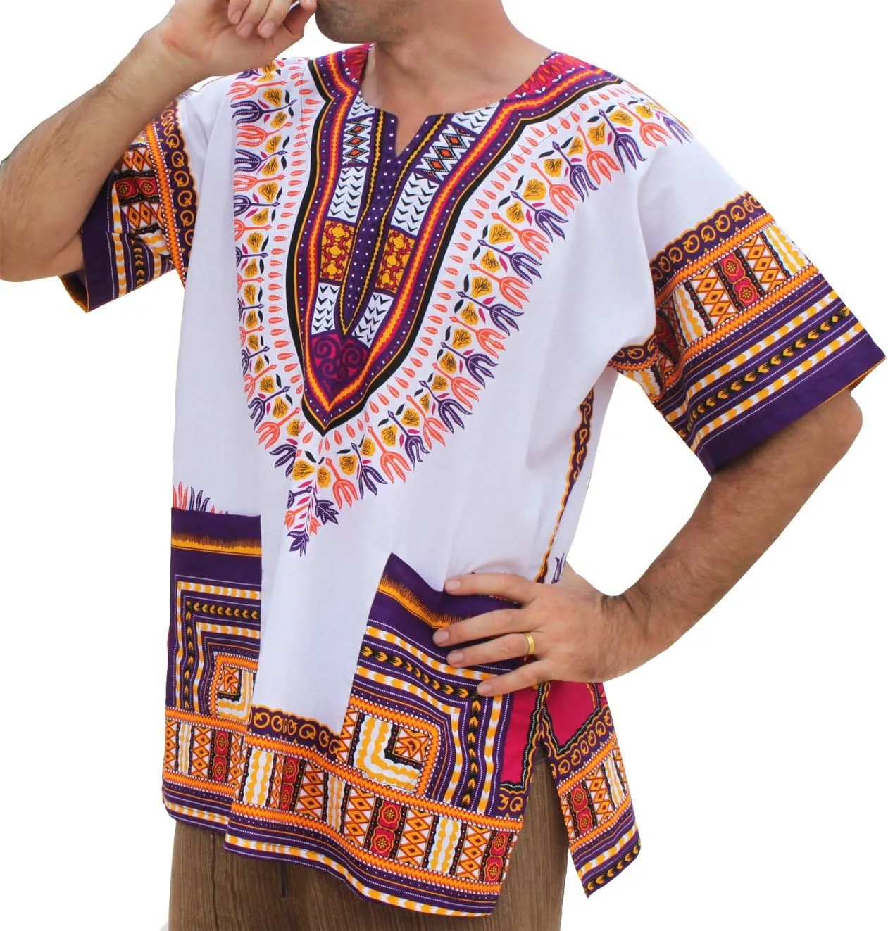 RaanPahMuang Brand Unisex Bright African White Dashiki Cotton Shirt