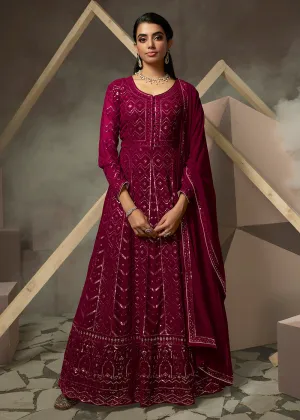 Rani Pink Lucknowi Style Embroidered Georgette Gown