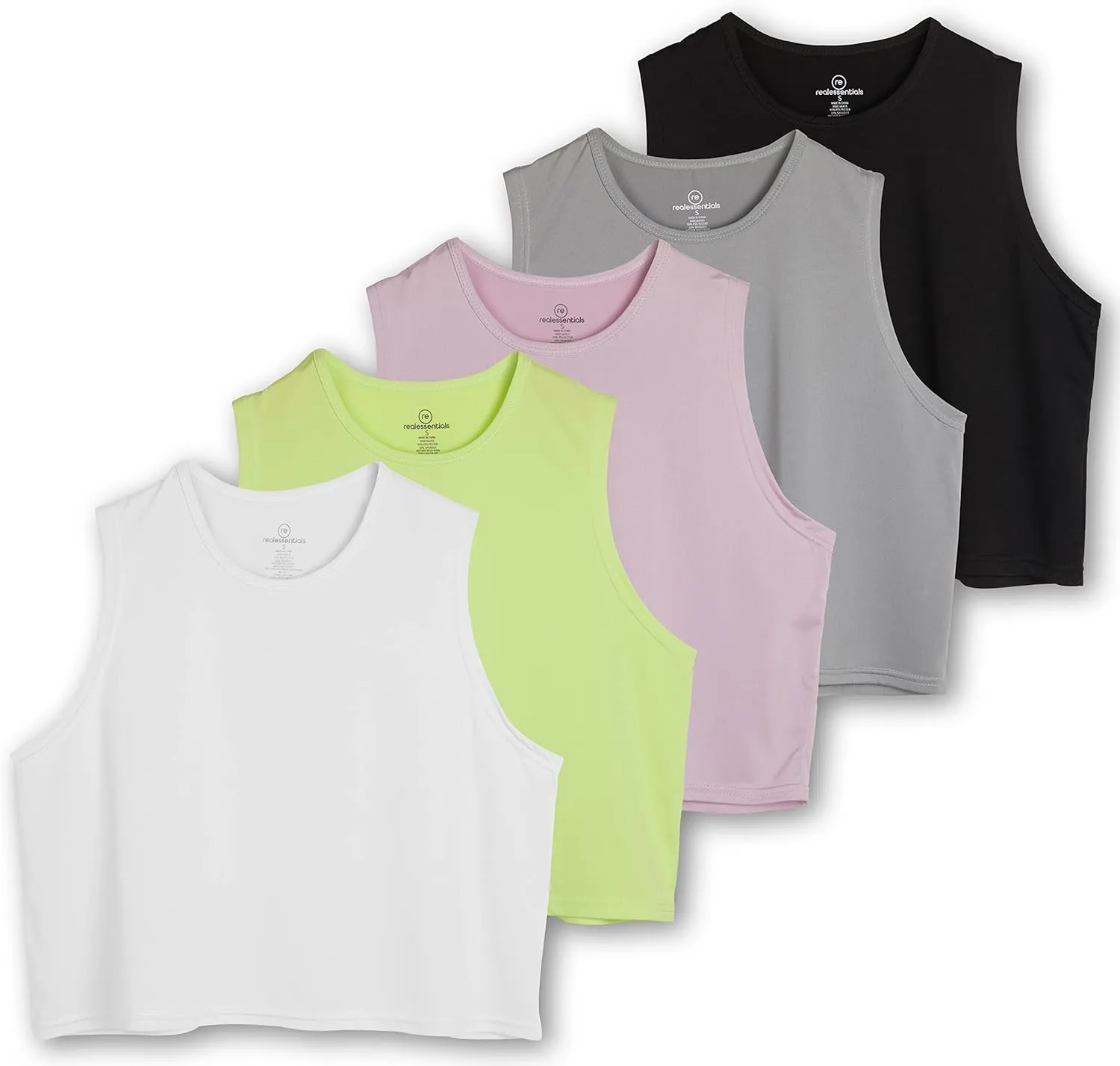 Real Essentials 5 Pack: Women's Dry Fit Crop Summer Tank Top - Gym Yoga Workout Sports Tee (Available in Plus Size)