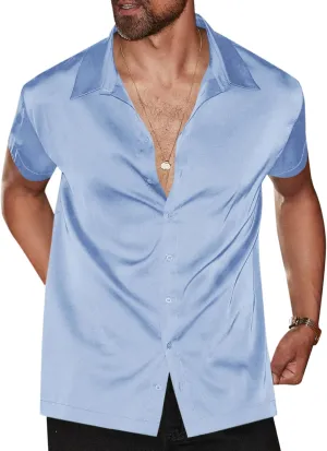 Runcati Mens Luxury Satin Silk Dress Shirts Casual Button Down Short Sleeve Prom Party Wedding Shirt