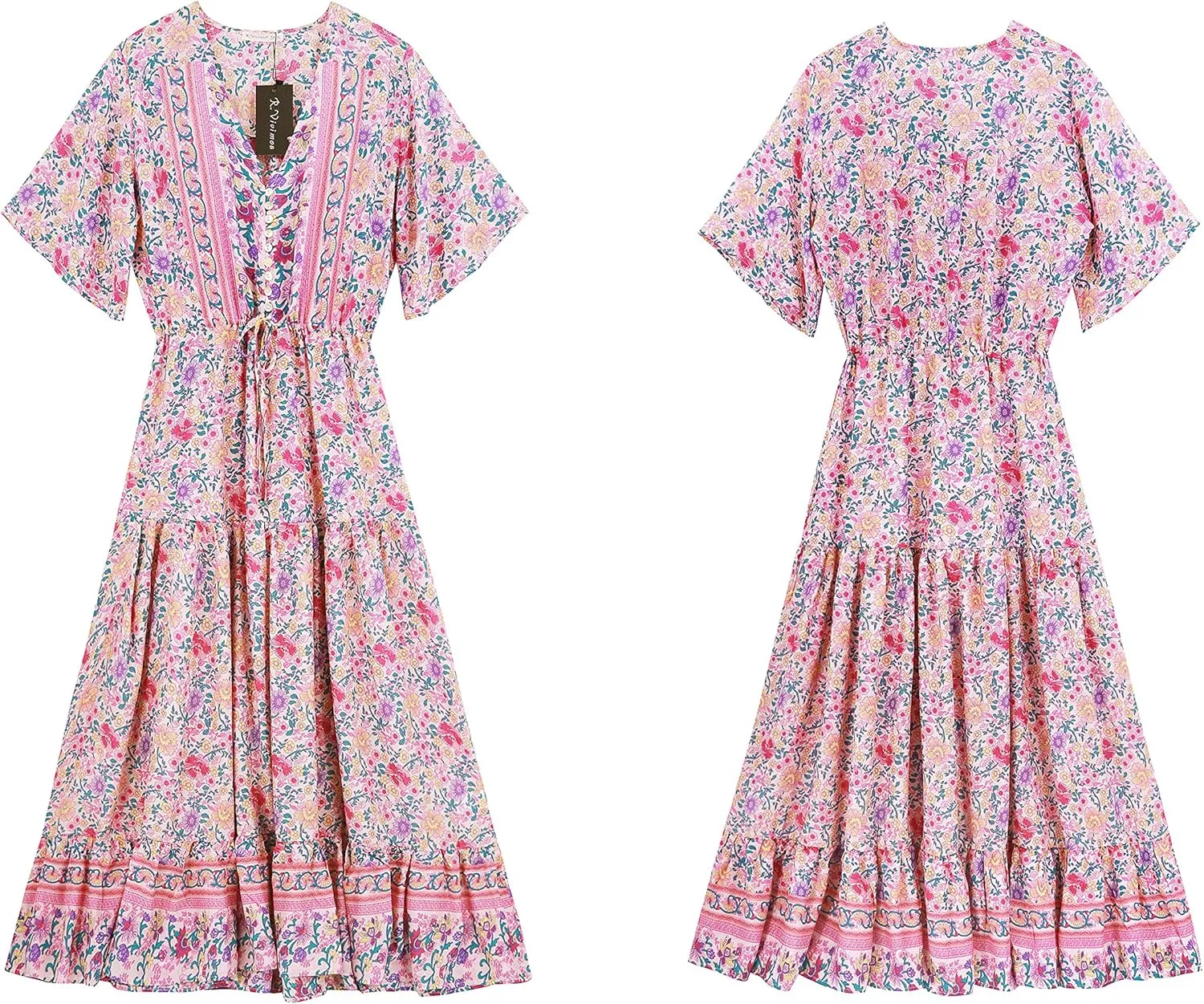 R.Vivimos Womens Summer Floral Print Cotton Short Sleeve Flowy Dress