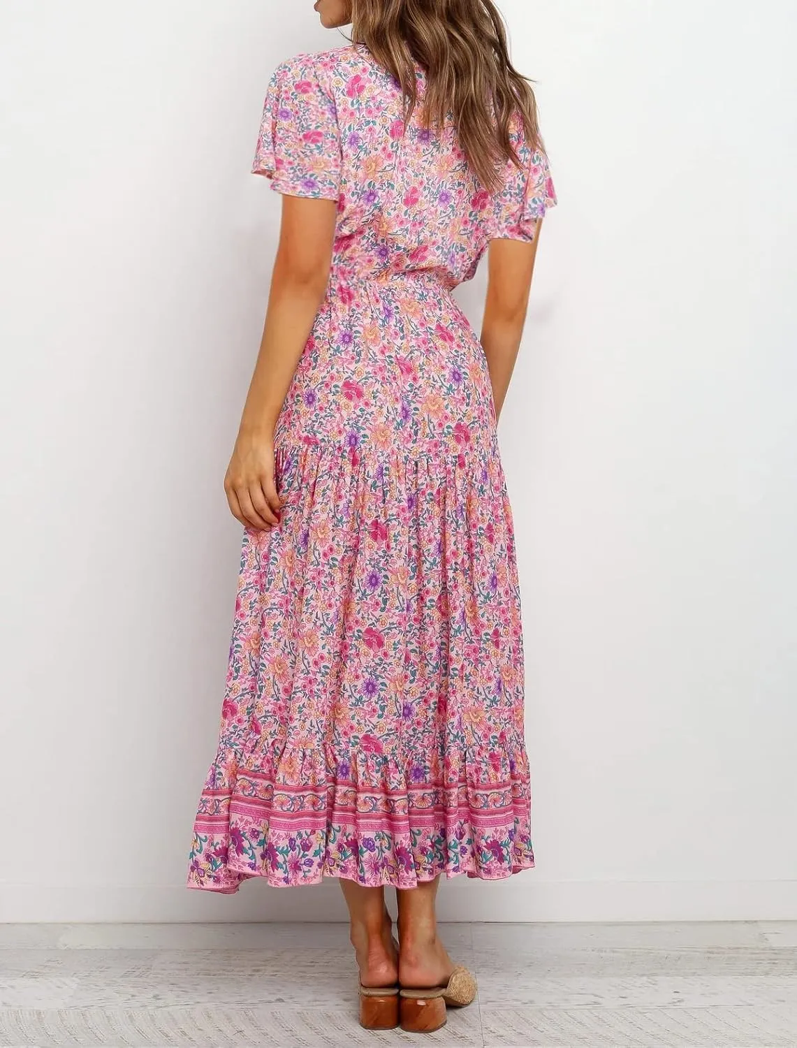 R.Vivimos Womens Summer Floral Print Cotton Short Sleeve Flowy Dress