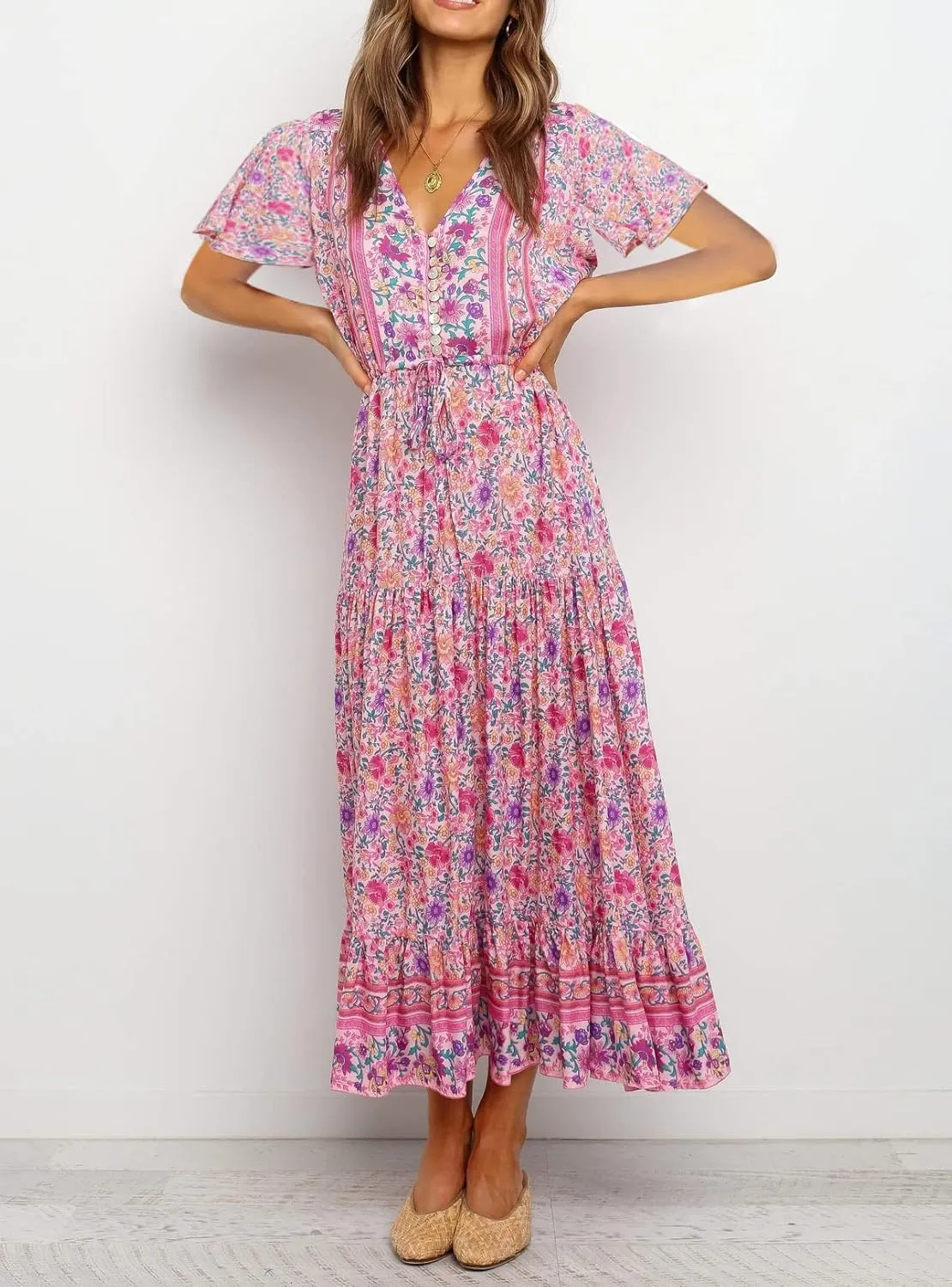 R.Vivimos Womens Summer Floral Print Cotton Short Sleeve Flowy Dress