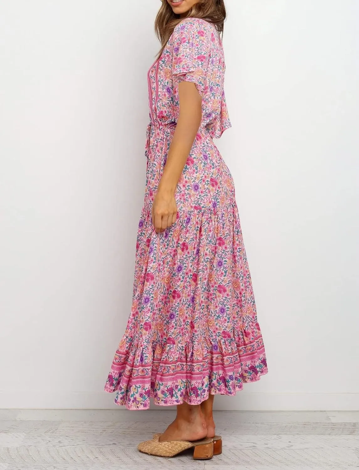 R.Vivimos Womens Summer Floral Print Cotton Short Sleeve Flowy Dress