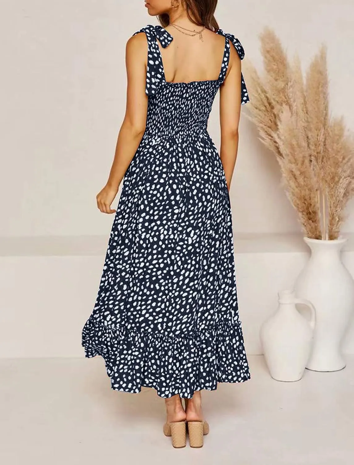 R.Vivimos Women's Summer Straps Cotton Irregular Polka Dot Ruffles Midi Dress