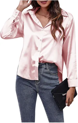Satin Button Down Shirts for Women,Women's Silk Blouse Long Sleeve Lady Dressy Shirt Casual Office Work Blouses Tops