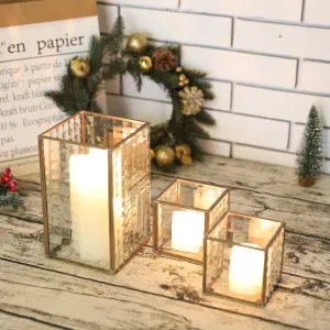 Set of 3 Copper Frame with Textured Glass Hurricane