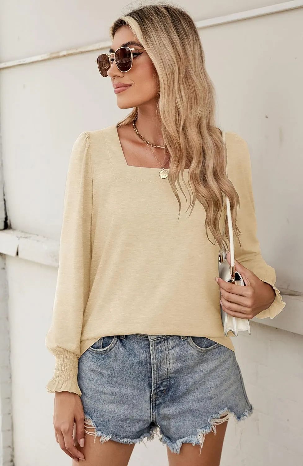 Sherosa Womens Puff Long Sleeve Square Neck Tops Ruffle Cuffs Dressy Casual Loose Fit Shirts Fall Fashion Blouses