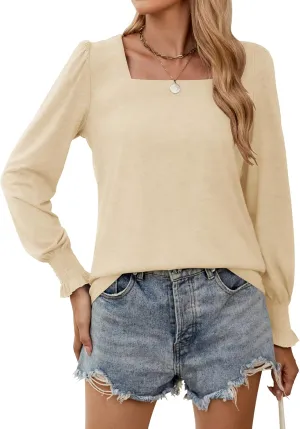 Sherosa Womens Puff Long Sleeve Square Neck Tops Ruffle Cuffs Dressy Casual Loose Fit Shirts Fall Fashion Blouses