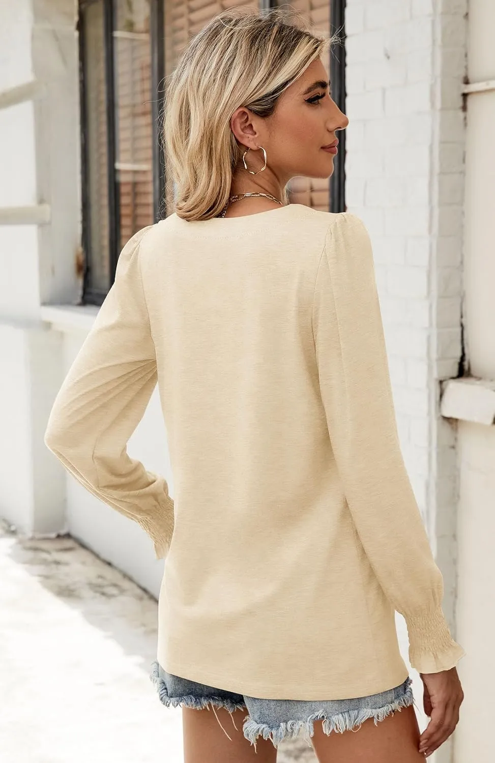 Sherosa Womens Puff Long Sleeve Square Neck Tops Ruffle Cuffs Dressy Casual Loose Fit Shirts Fall Fashion Blouses
