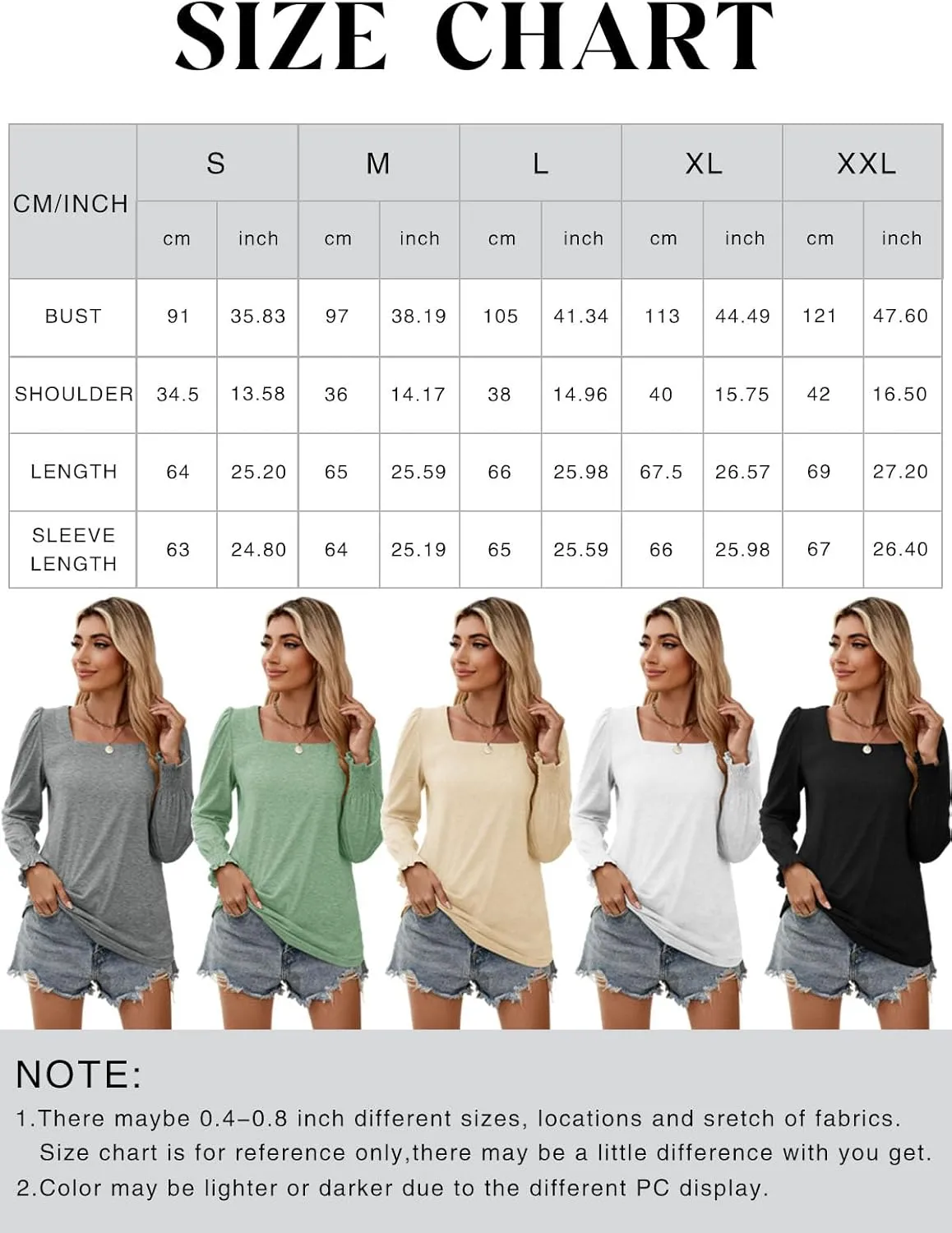 Sherosa Womens Puff Long Sleeve Square Neck Tops Ruffle Cuffs Dressy Casual Loose Fit Shirts Fall Fashion Blouses