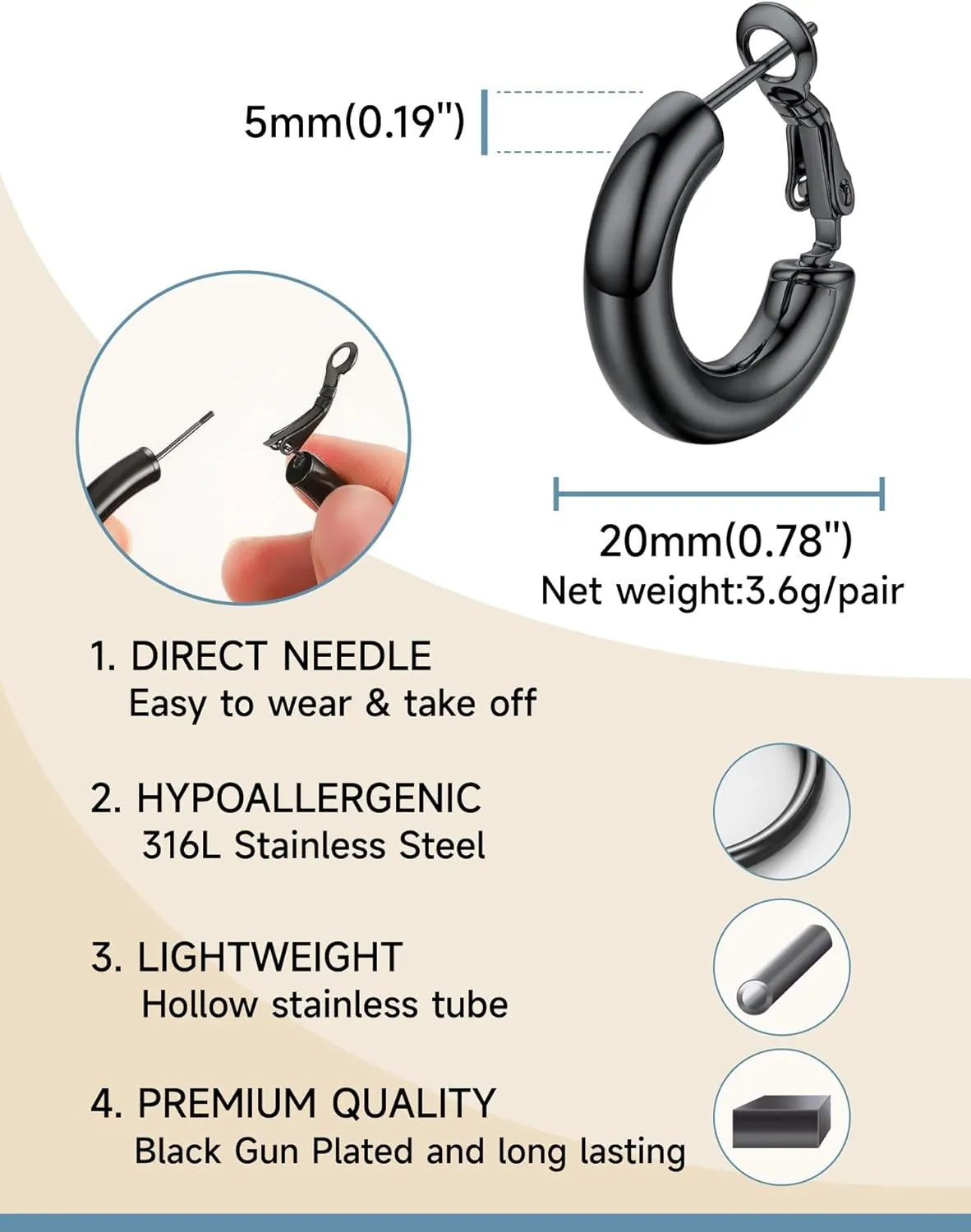 Stainless Steel Chunky Hoop Earrings For Women, Minimalist and Chic, Black/Gold Plated, Round Hoops Earrings Hypoallergenic, Size: 30mm/40mm/60mm/80mm, Come with Box