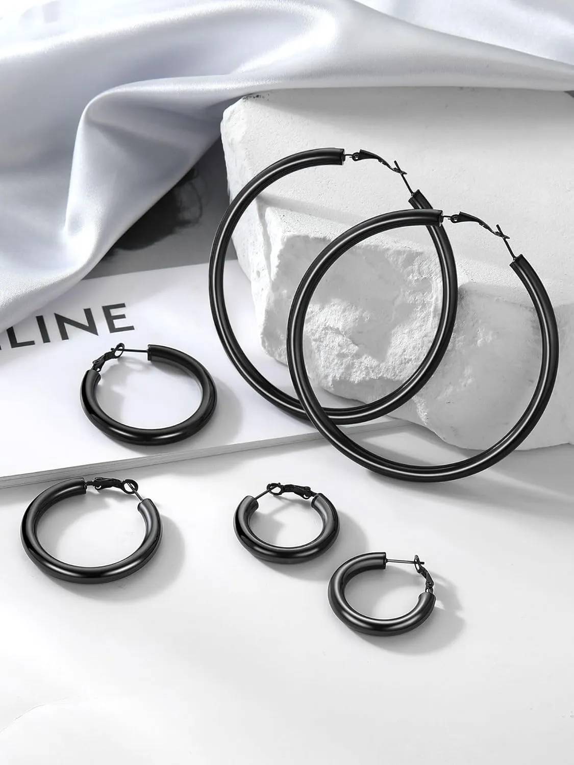Stainless Steel Chunky Hoop Earrings For Women, Minimalist and Chic, Black/Gold Plated, Round Hoops Earrings Hypoallergenic, Size: 30mm/40mm/60mm/80mm, Come with Box