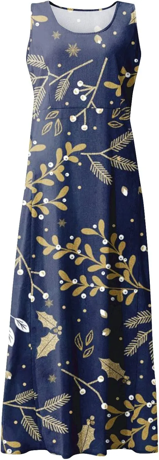 Sundresses for Women Floral Printed Sleeveless Sundresses Pockets a Line Beach Dress Casual Loose Tank Dresses