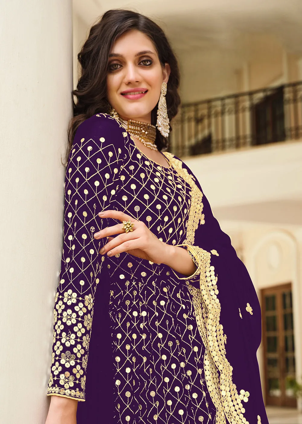 Supreme Purple Sequins Wedding Pant Style Anarkali