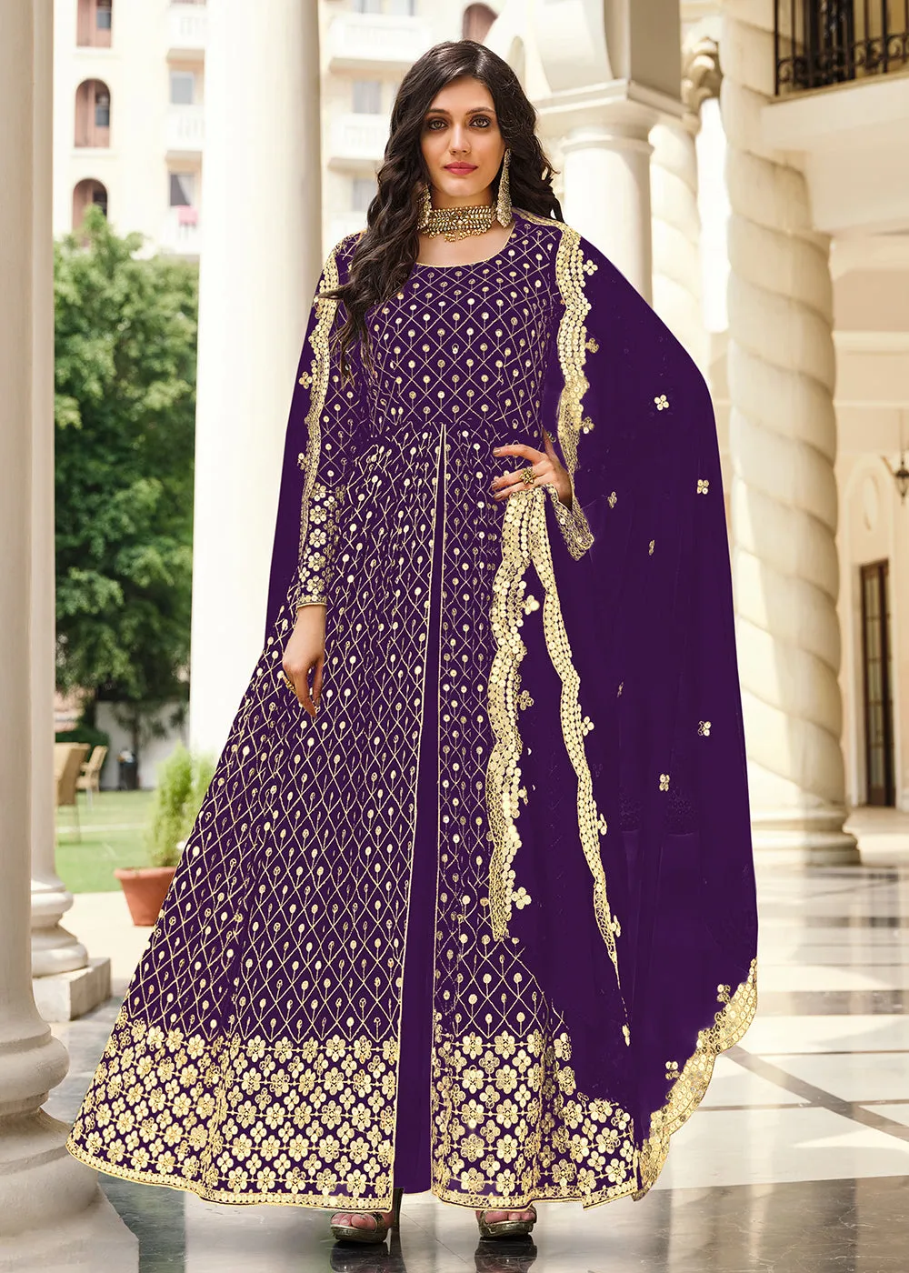 Supreme Purple Sequins Wedding Pant Style Anarkali