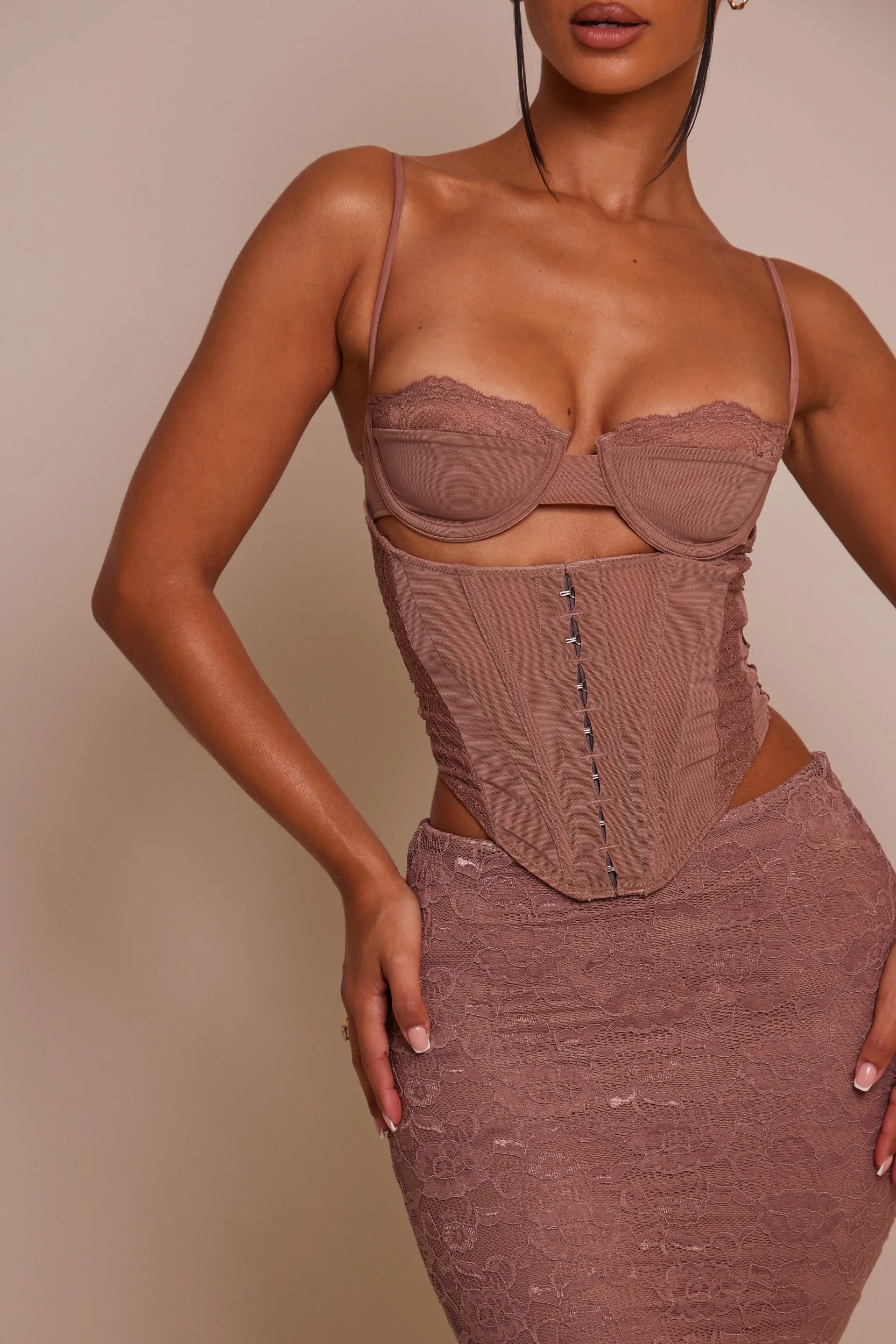 The Lace cup corset midaxi set - Mauve