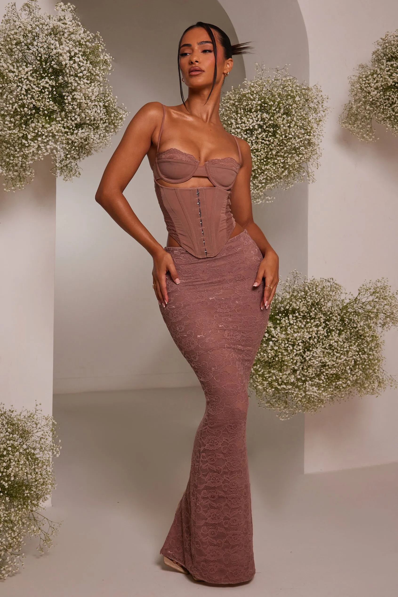 The Lace cup corset midaxi set - Mauve
