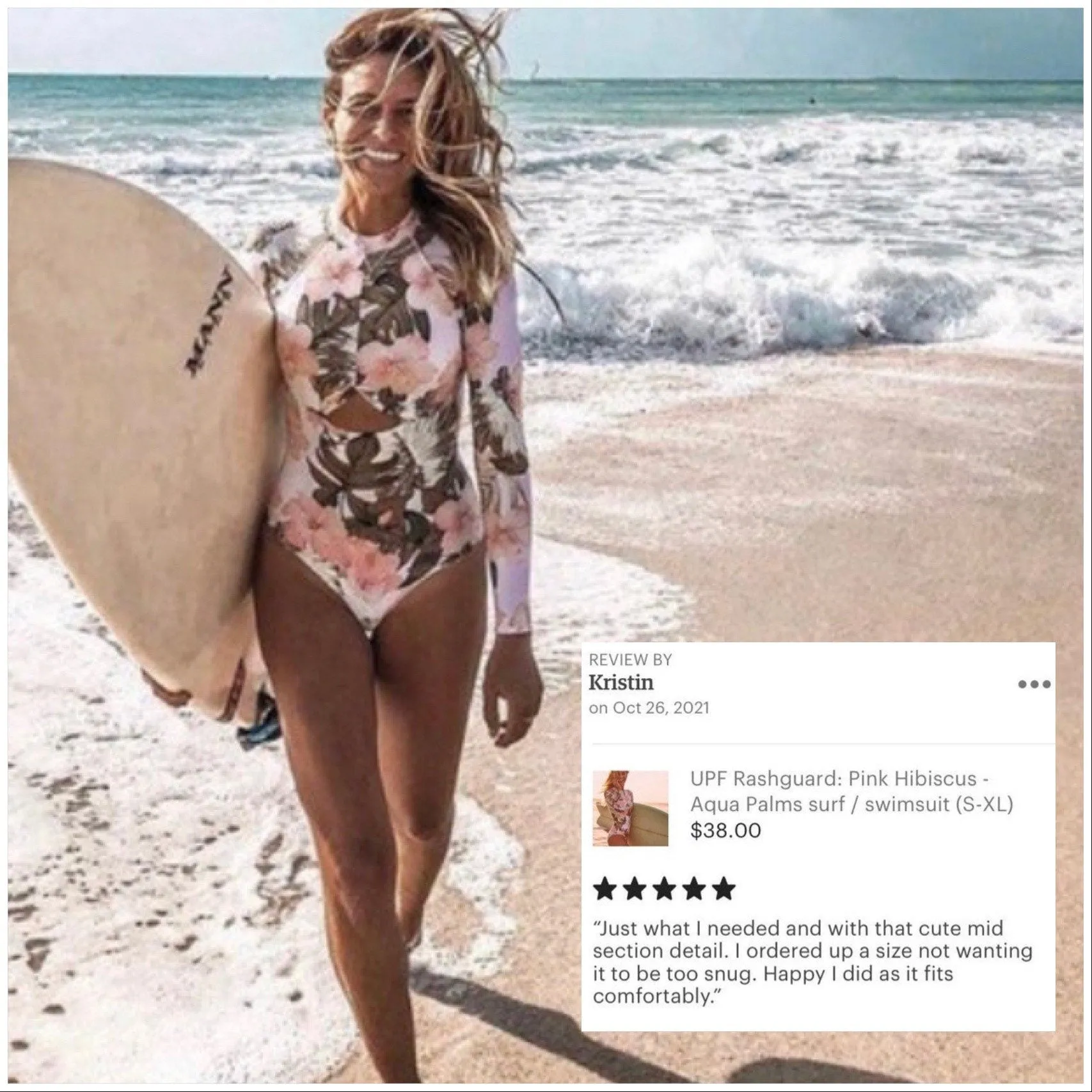 UPF Rashguard Pink Hibiscus - Aqua Palms surfsuit swimsuit (S-XL) white pink peach aqua mint beach pool surf swim women feminine modest