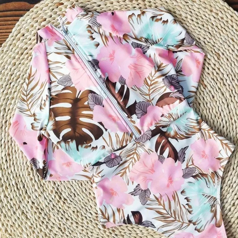 UPF Rashguard Pink Hibiscus - Aqua Palms surfsuit swimsuit (S-XL) white pink peach aqua mint beach pool surf swim women feminine modest