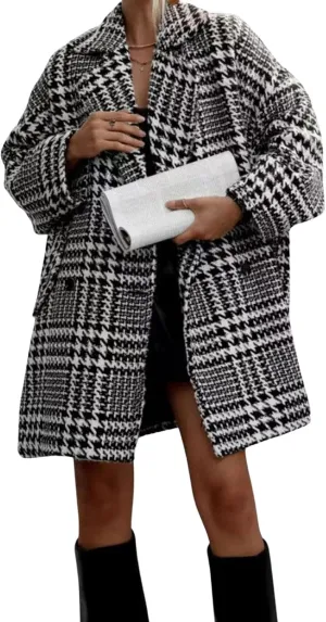 utcoco Womens 2024 Fall Winter Tweed Plaid Jacket Coat Oversized Double Breasted Open Front Outwear