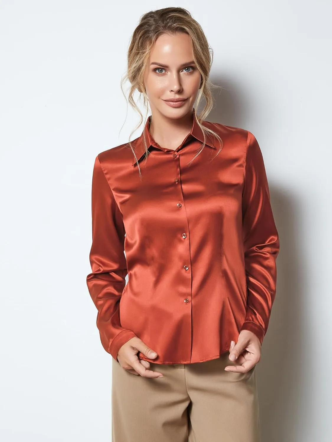 Women's Blouse Satin Silk Shirts, Casual Loose Long Sleeve for Office Work, Corporate Outfit Clothes
