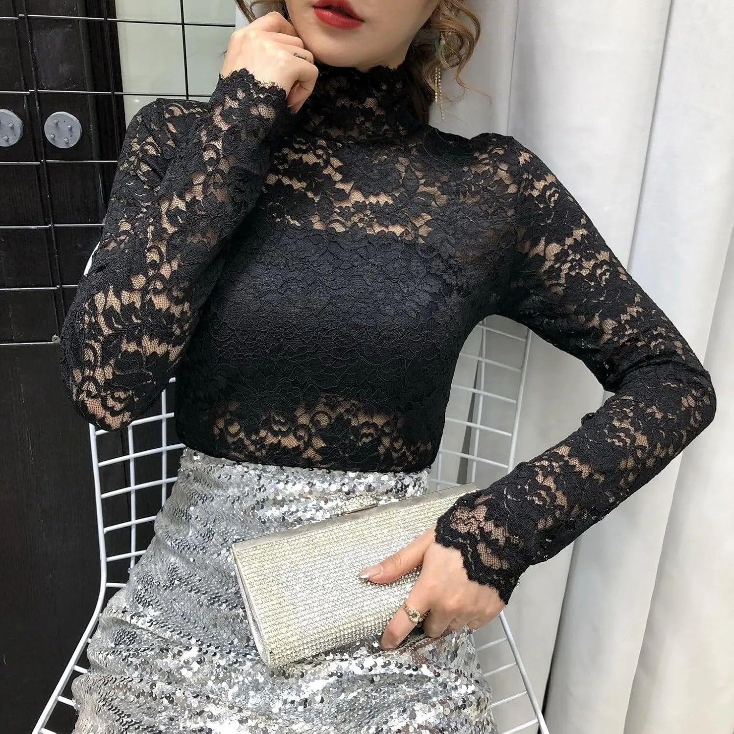 Women's Floral Lace Top Long Sleeve Mock See Through Mesh Underwear Blouse Shirt S-L