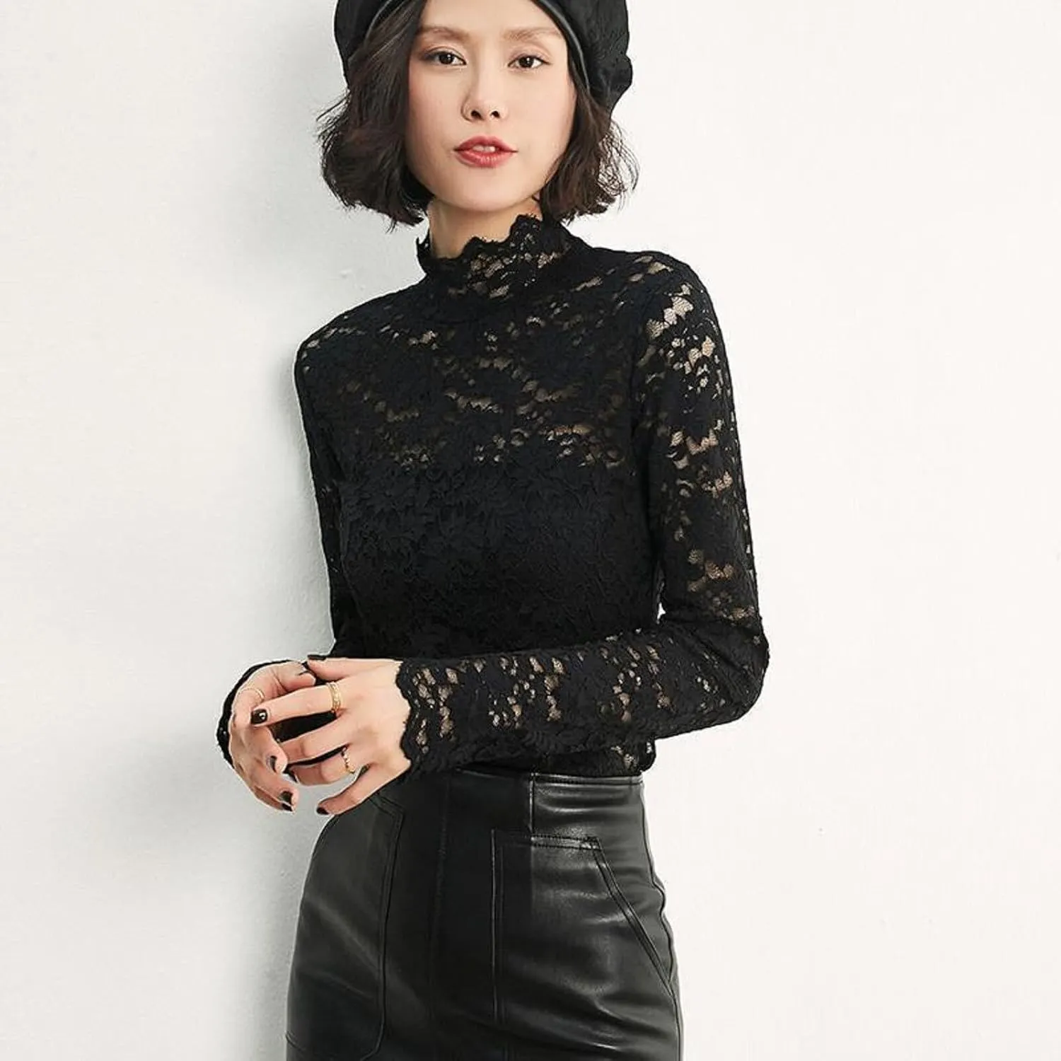 Women's Floral Lace Top Long Sleeve Mock See Through Mesh Underwear Blouse Shirt S-L