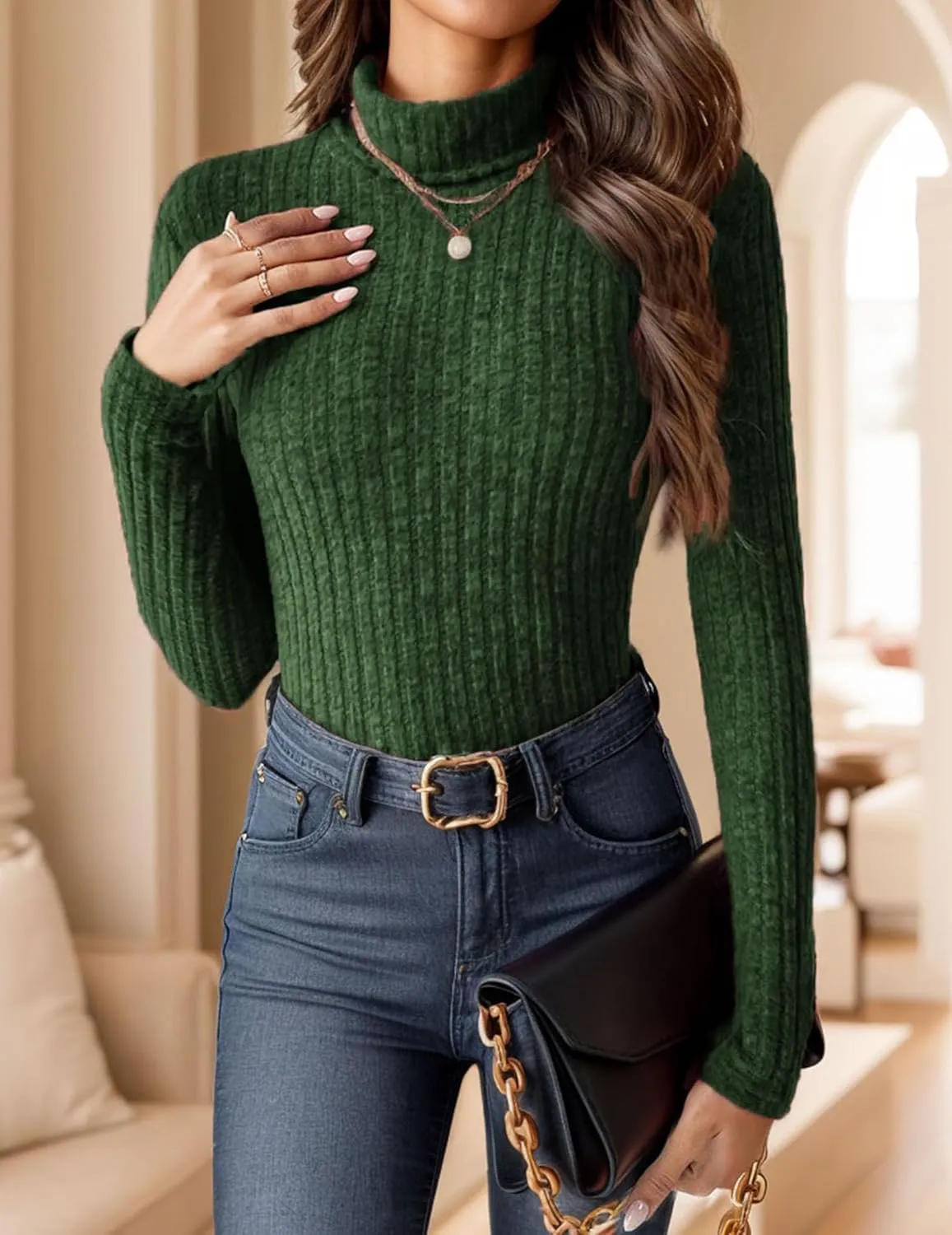 Womens Long Sleeve Turtleneck Tops Ribbed Thermal Underwear Shirt Slim Fit Fall Pullover Sweater