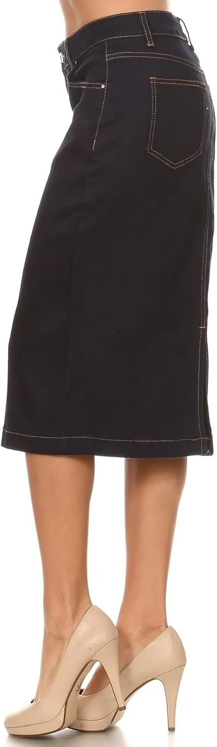 Womens Plus/Juniors Mid Waist Below Knee Length Denim Skirt in Pencil Silhouette