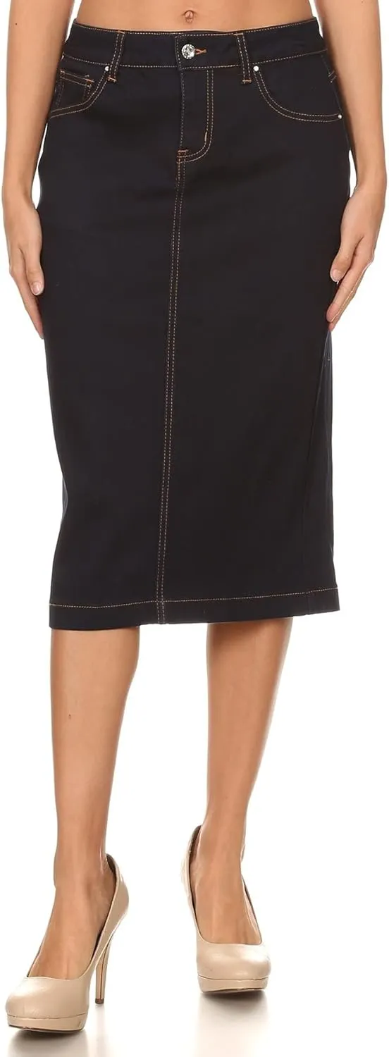 Womens Plus/Juniors Mid Waist Below Knee Length Denim Skirt in Pencil Silhouette