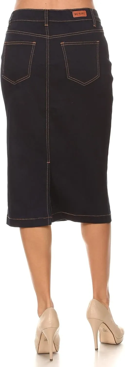 Womens Plus/Juniors Mid Waist Below Knee Length Denim Skirt in Pencil Silhouette