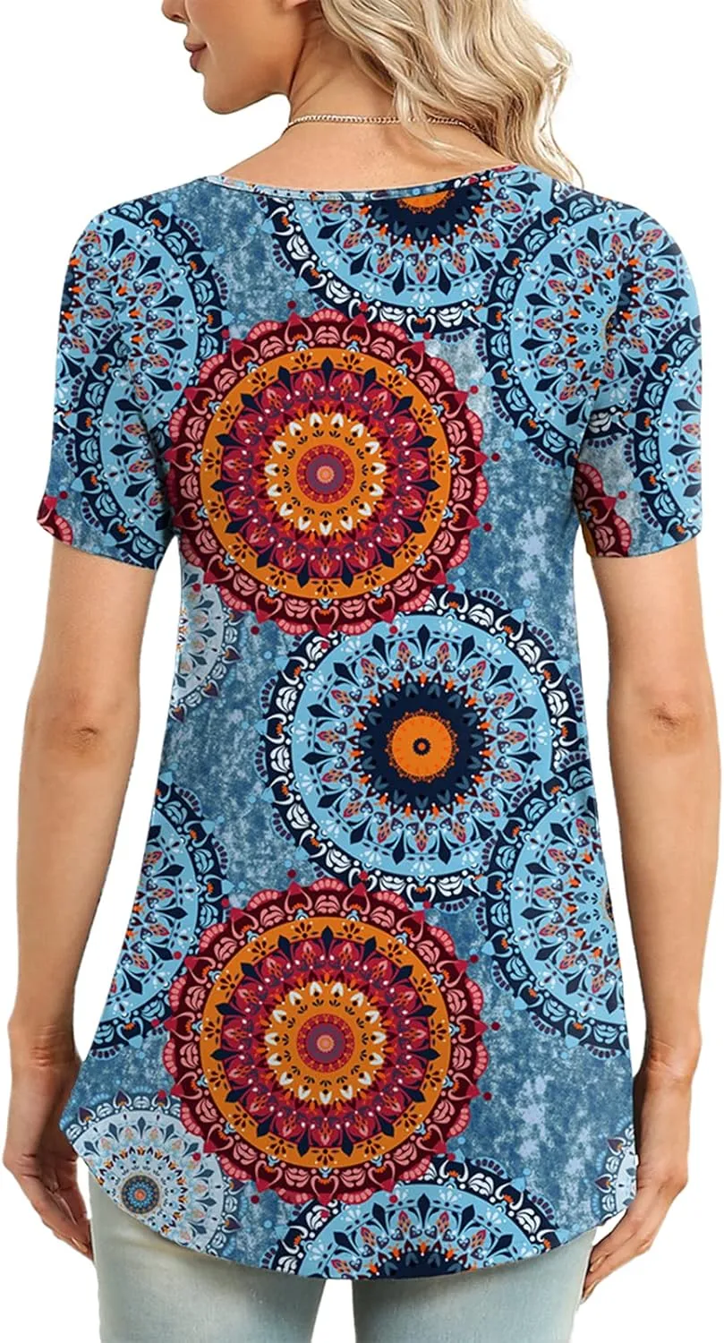 Xpenyo Womens Tops Casual Summer Square Neck Short Sleeve Tunic Shirts Hide Belly Loose Flowy Tunic Blouses