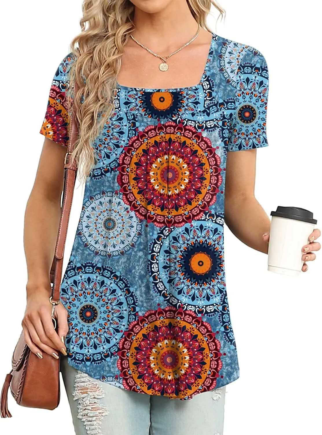 Xpenyo Womens Tops Casual Summer Square Neck Short Sleeve Tunic Shirts Hide Belly Loose Flowy Tunic Blouses