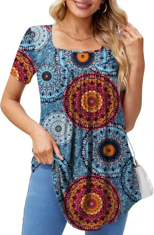 Xpenyo Womens Tops Casual Summer Square Neck Short Sleeve Tunic Shirts Hide Belly Loose Flowy Tunic Blouses