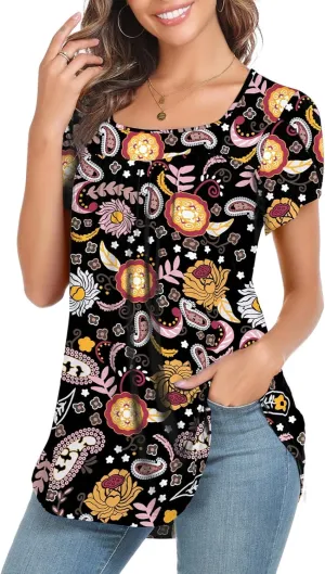 Xpenyo Womens Tops Casual Summer Square Neck Short Sleeve Tunic Shirts Hide Belly Loose Flowy Tunic Blouses