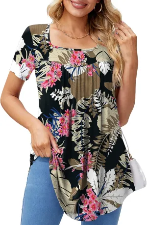 Xpenyo Womens Tops Casual Summer Square Neck Short Sleeve Tunic Shirts Hide Belly Loose Flowy Tunic Blouses
